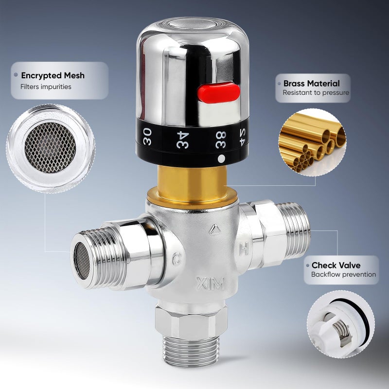 Fyeer 3-Way Thermostatic Mixing Valve, DN15 Temperature Control Bathroom Faucet and Shower Water Mixer Valve G1/2 NPS Male Connections,Chromeâ€¦ - Image 2